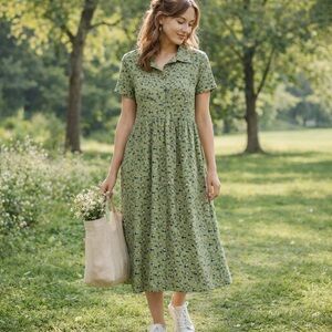 Bobbie Brooks Green Floral Button Front Midi Dress – Size M (8/10)